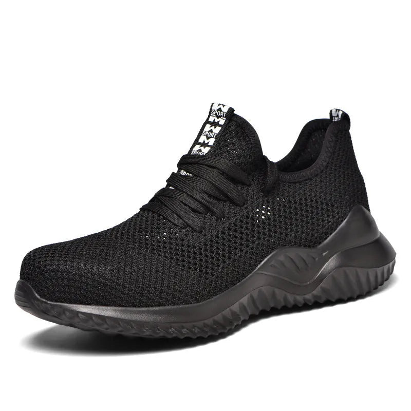 Black low-cut work safety shoes with a steel toe cap and EVA sole for shock protection.