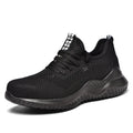 Black low-cut work safety shoes with a steel toe cap and EVA sole for shock protection.