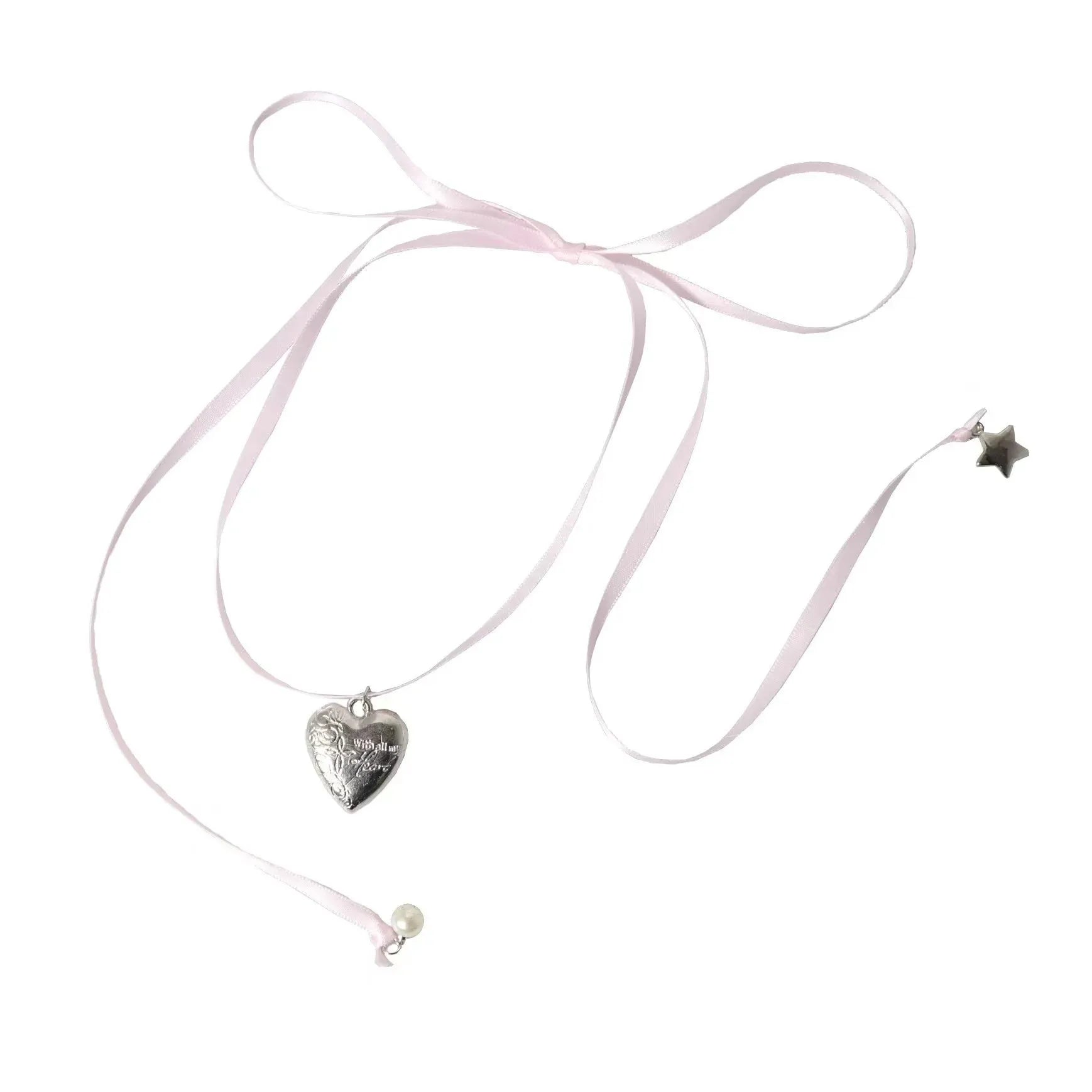Women's electroplated alloy necklace with ribbon and love pendant on clavicle chain