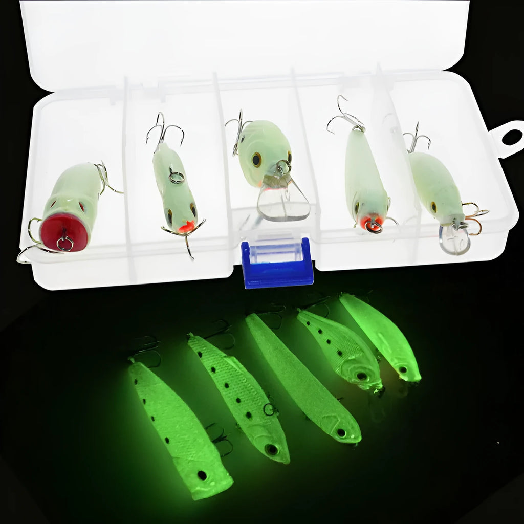 Five 3D fluorescent hard bait fishing lures with luminous design in boxed packaging