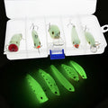 Five 3D fluorescent hard bait fishing lures with luminous design in boxed packaging