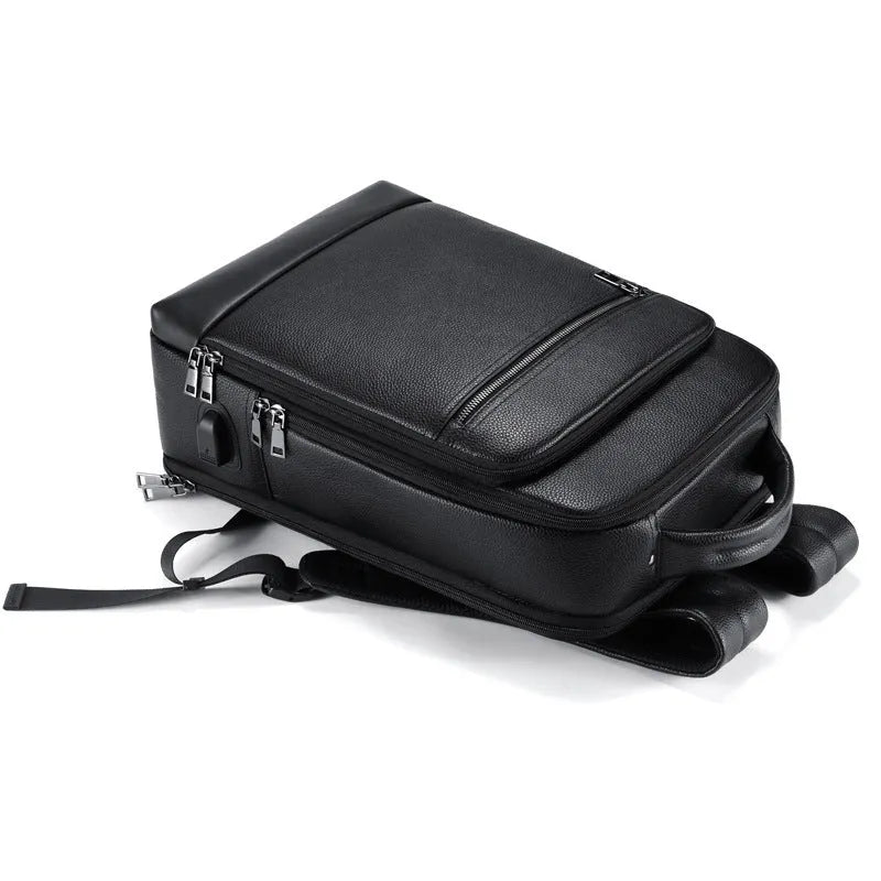 Black genuine leather men's business backpack with curved shoulder straps