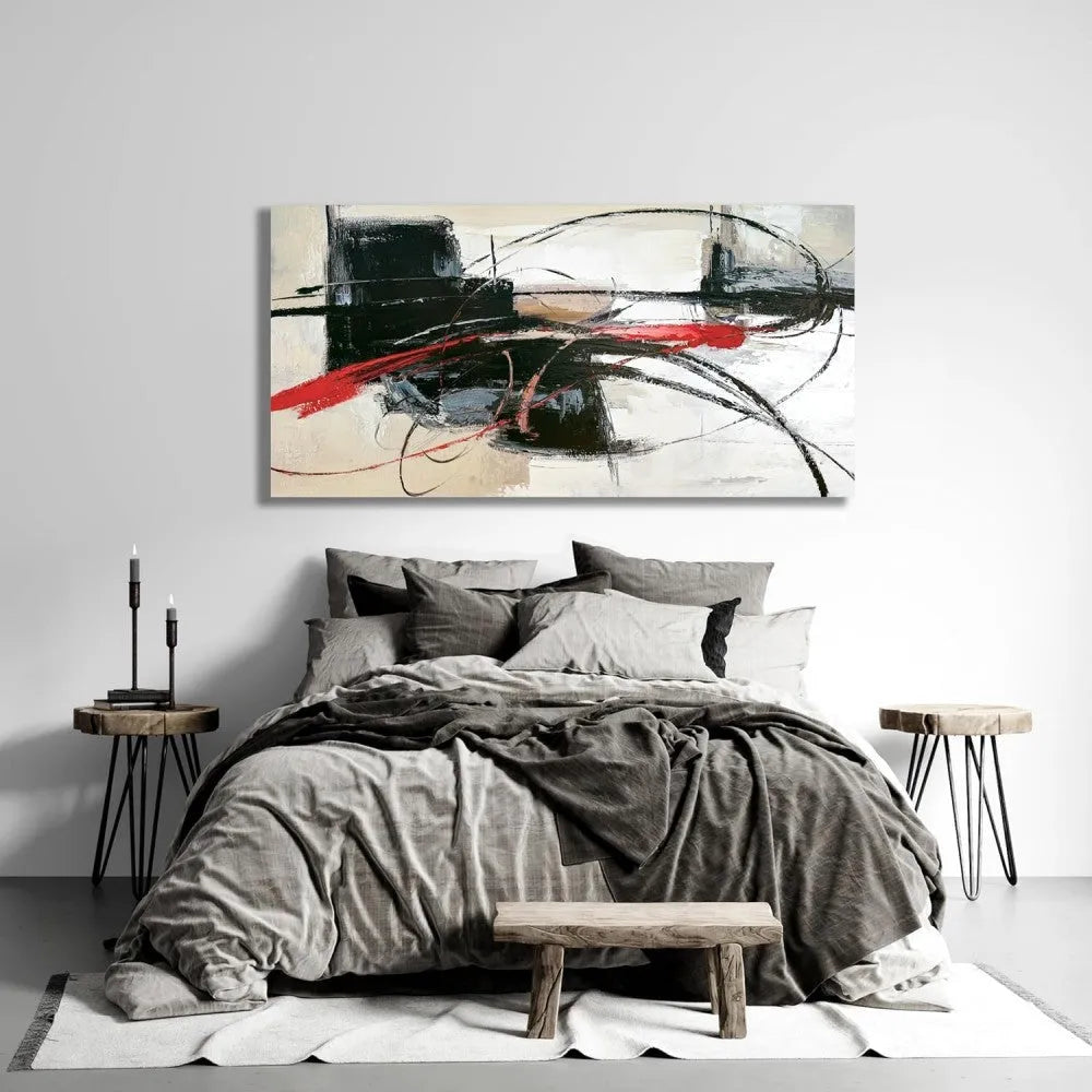 Handmade abstract oil painting on canvas, rolled and unframed, horizontal one-panel wall art