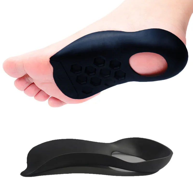 A pair of TPR varus correction insoles with arch support in black, white, and skin colour options.
