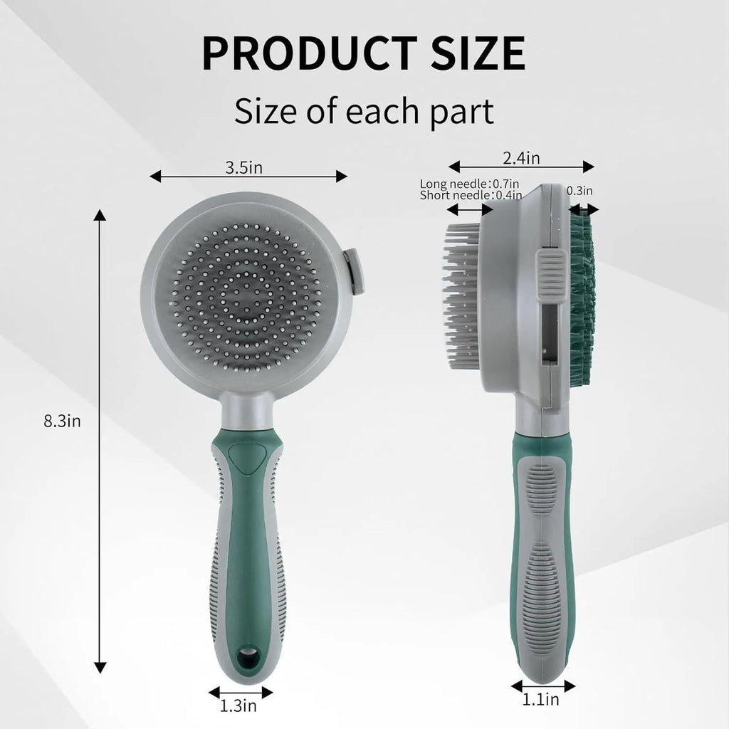 Green two-sided silicone pet brush with retractable slicker pins and a silicone massager head.