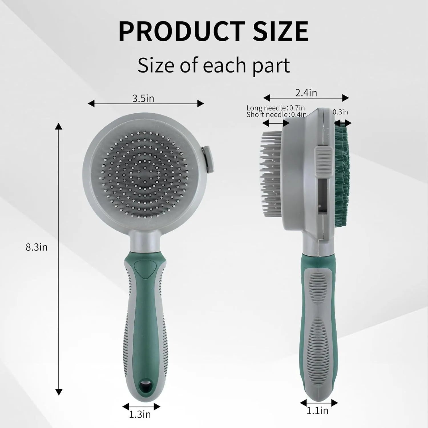 Green two-sided silicone pet brush with retractable slicker pins and a silicone massager head.