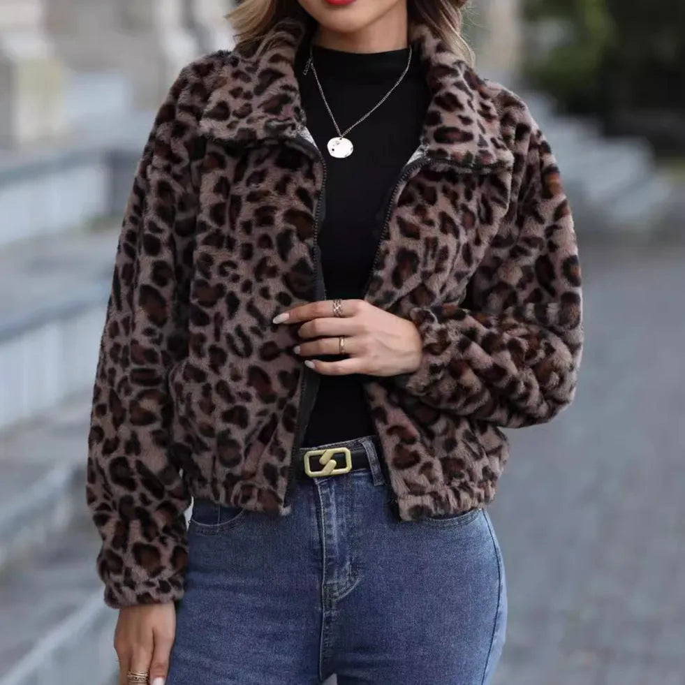 Women's leopard print loose fit plush coat with front zipper and raglan sleeves