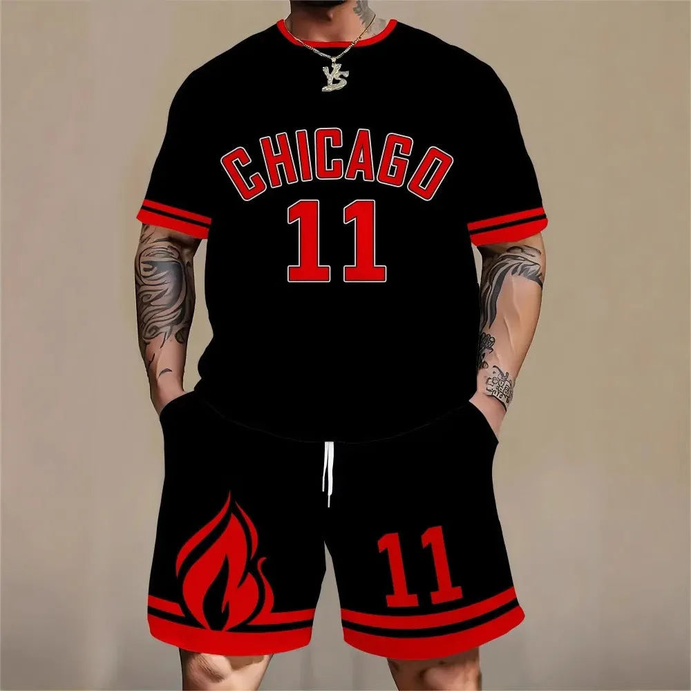 Man wearing a short sleeve top and shorts from the 3D printed letter personality suit set.
