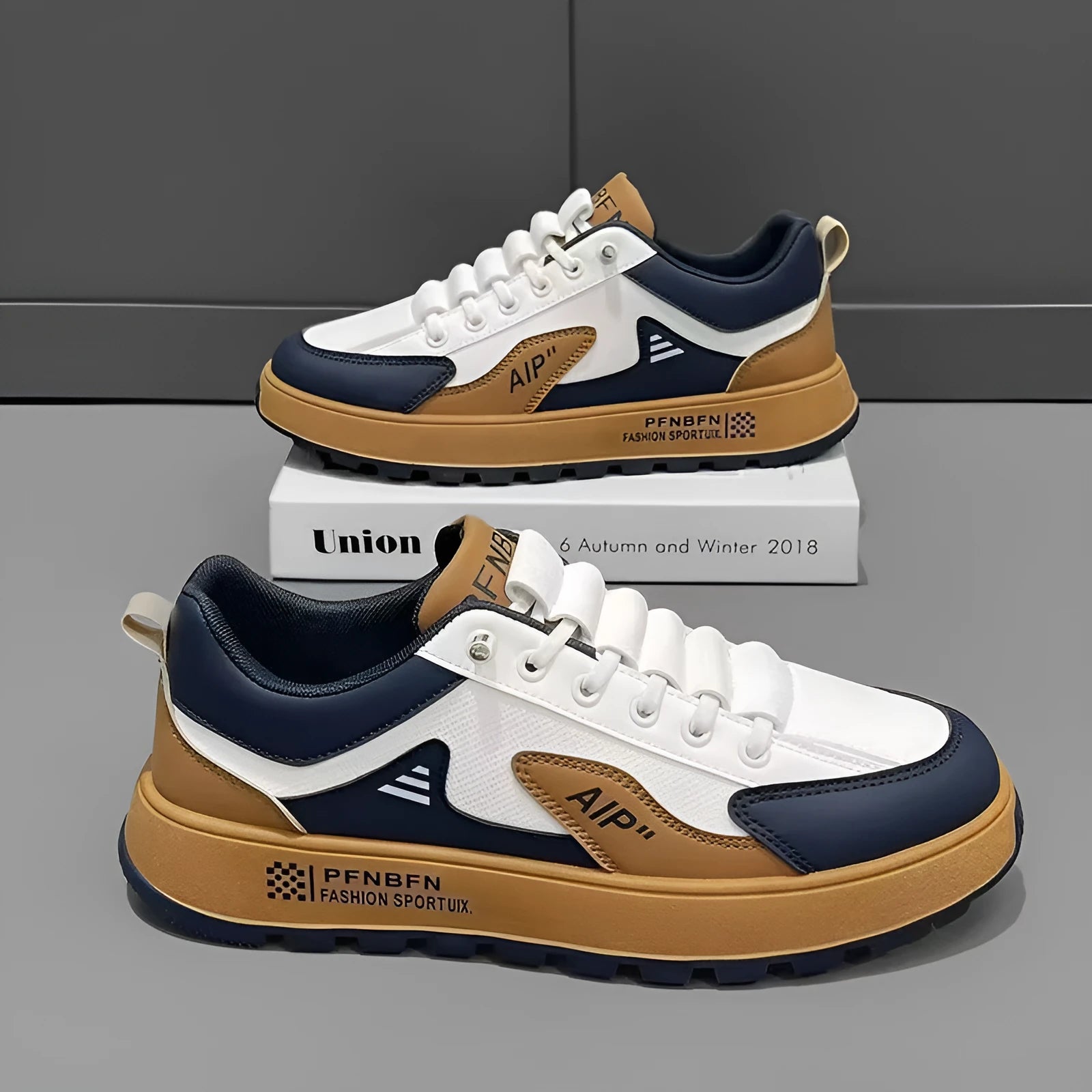 Men's white casual shoes with orange accents, artificial PU upper and round toe