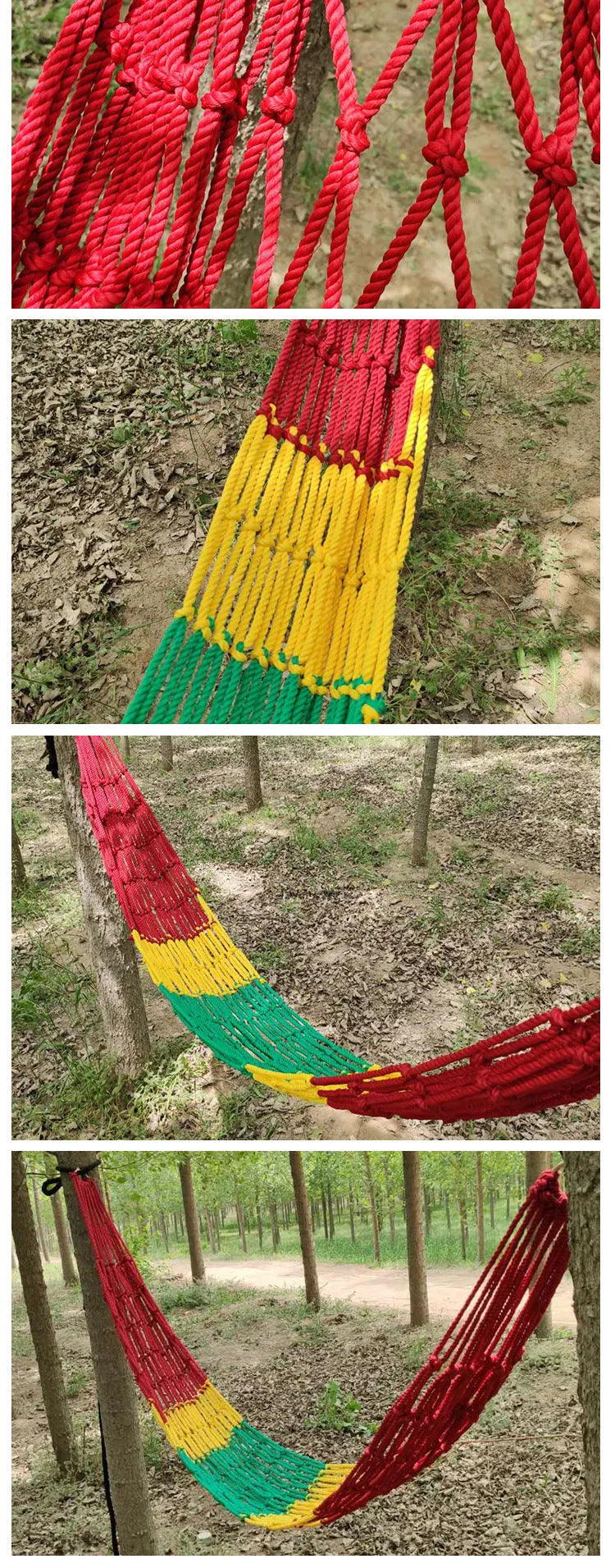 Outdoor nylon rope mesh hammock hanging between trees