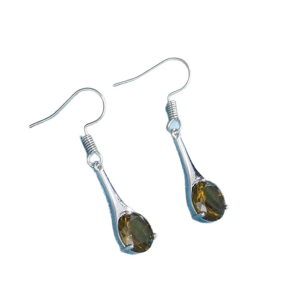 Olive green topaz water drop shaped earrings with minimalist retro design