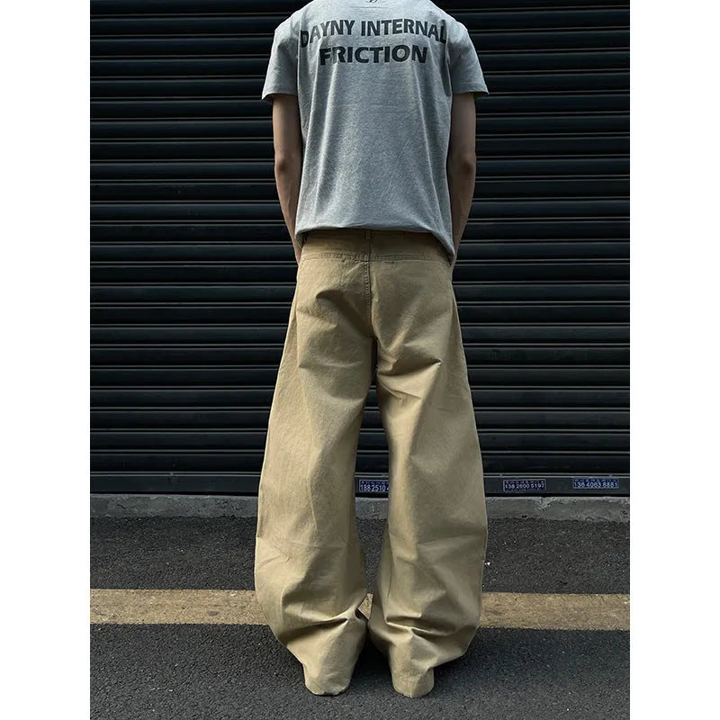 Men's khaki cotton straight-leg trousers laid flat showing solid colour design and casual styling