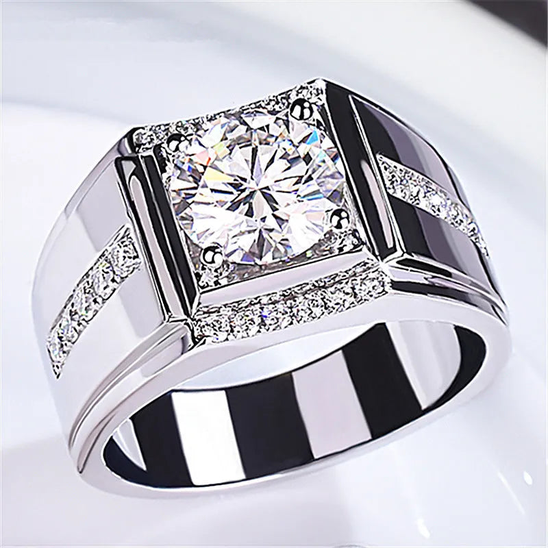 Men's adjustable imitation moissanite ring in metallic electroplated finish with geometric diamond pattern