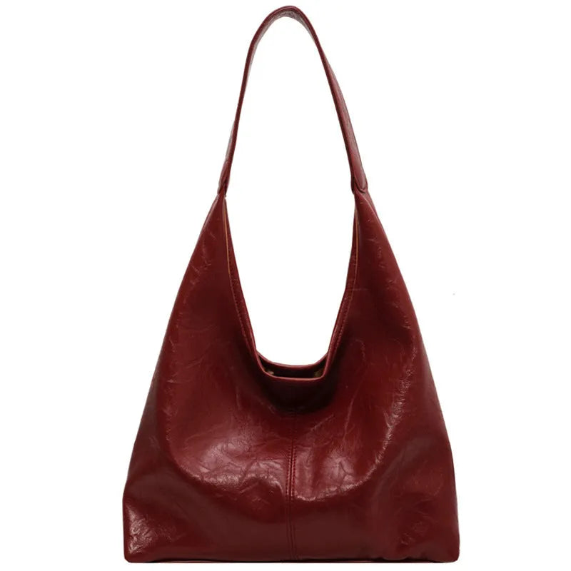 Casual soft leather shoulder bag with large capacity and sandwich pocket design