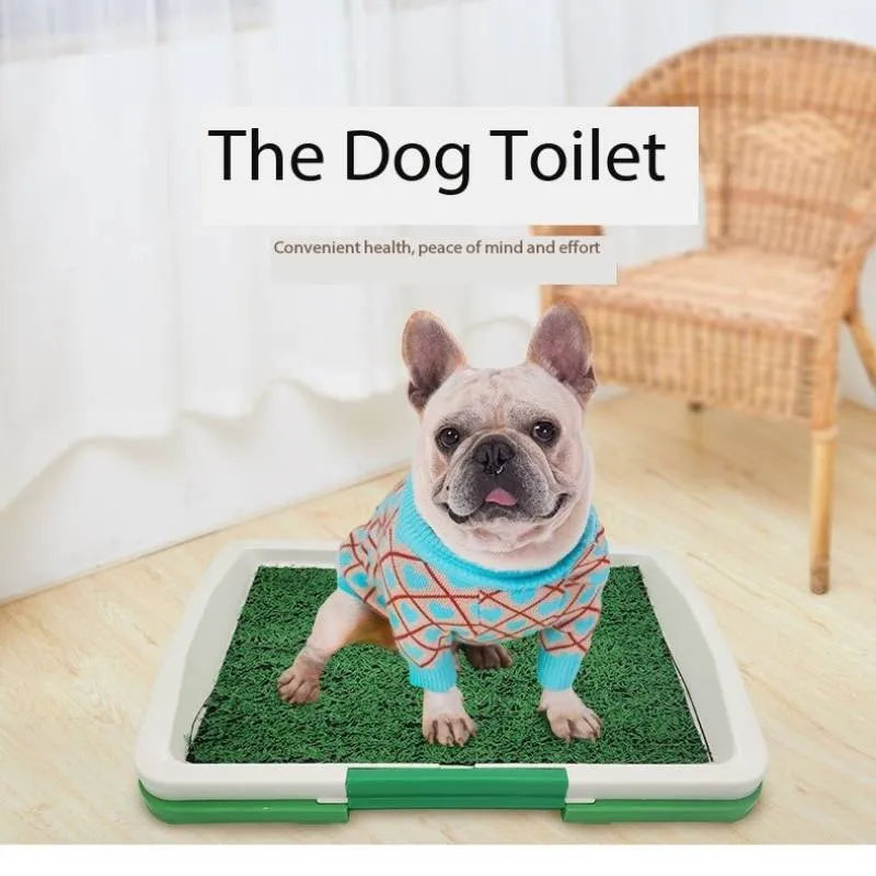 Green artificial grass dog toilet patch measuring 69cm square with three-layer construction for indoor pet training