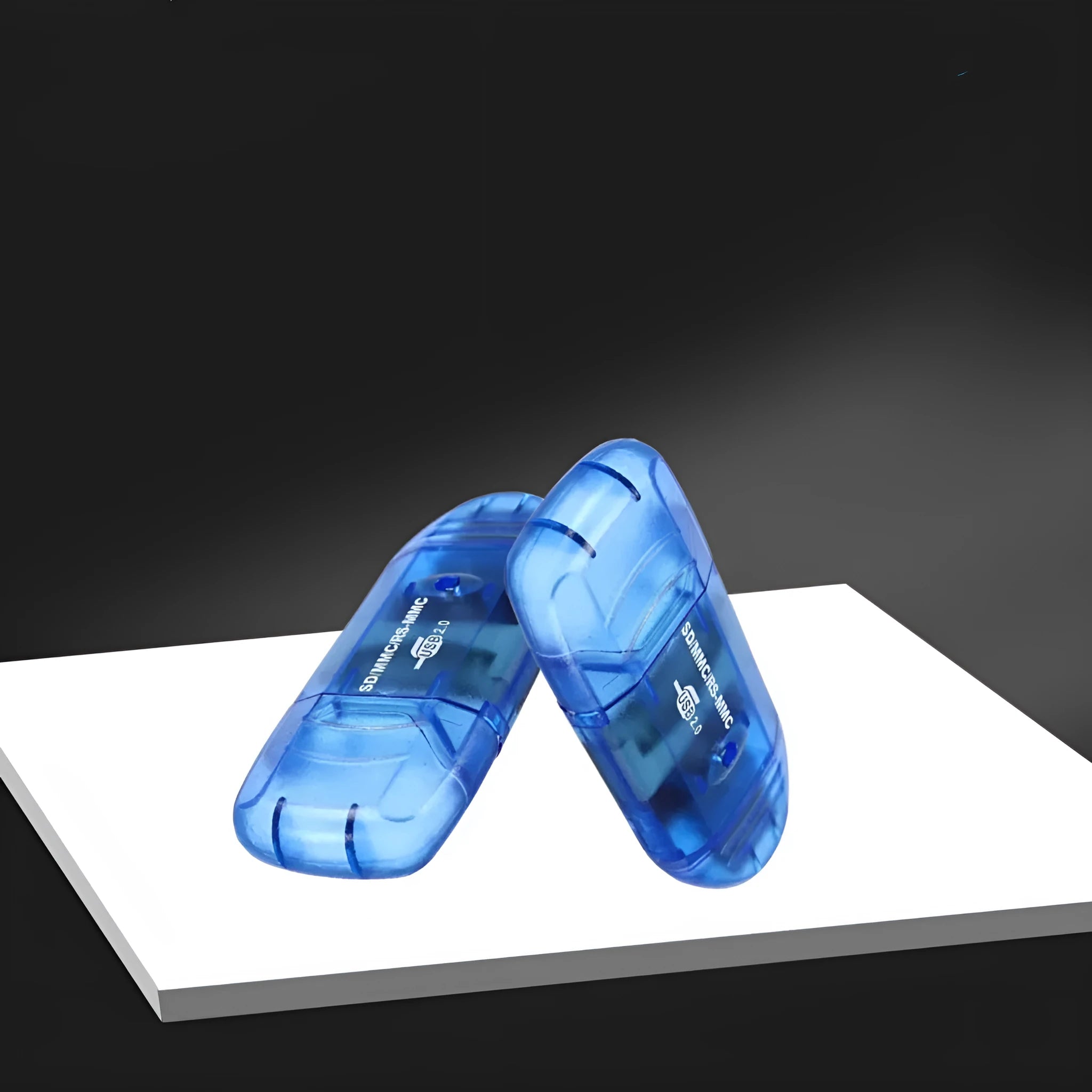 Transparent plastic USB card reader with optional LED light, card holder, and storage bag.