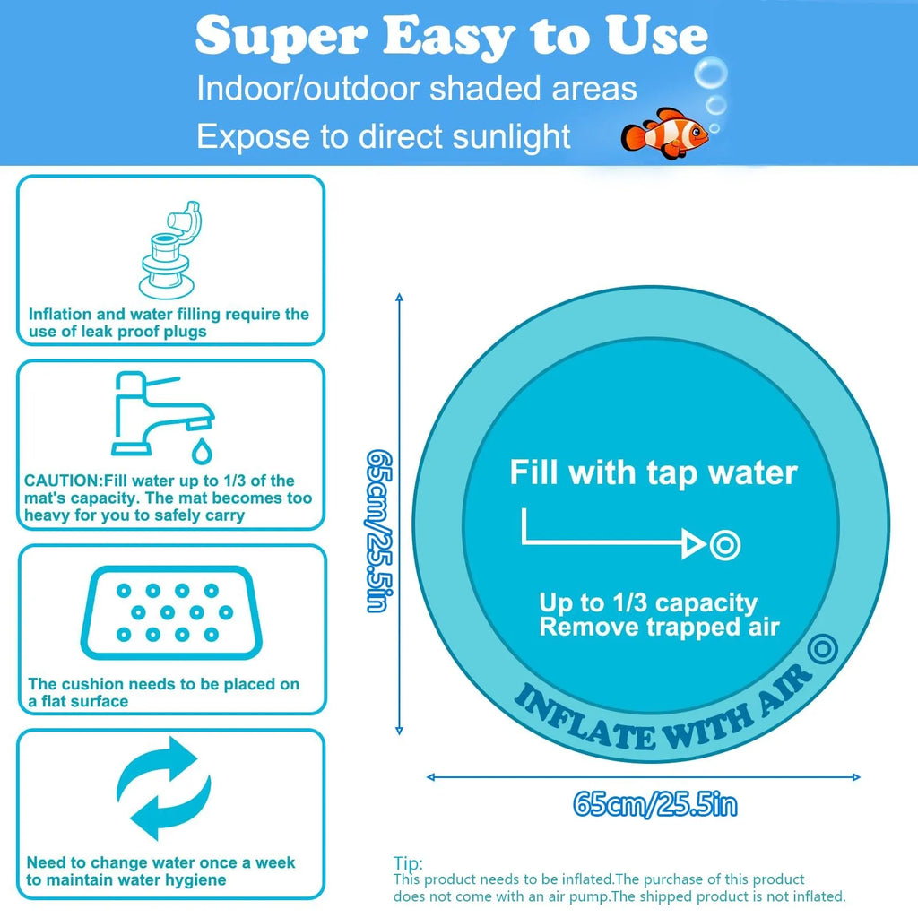 Square blue water sensory playmat for cats with floating fish toys on surface