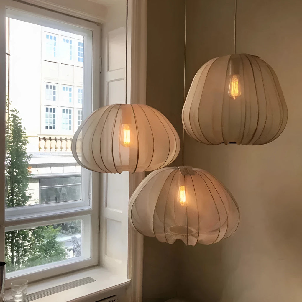 Japanese style net pumpkin ceiling lamp with iron construction in grey blue or white colour options