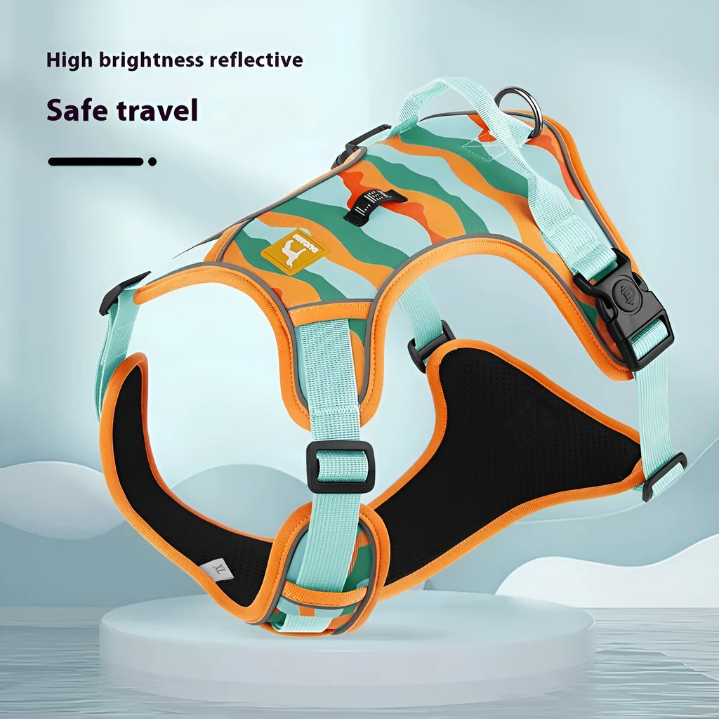 Reflective orange dog harness and leash set on a dog, showing chest and back straps and hand-holding rope.