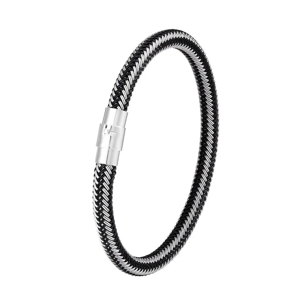 Men's titanium steel geometric bracelet with a magnetic clasp, shown in a silver colour with line pattern details.