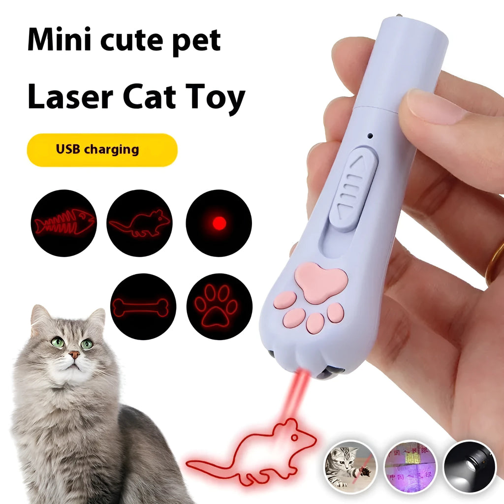 Rechargeable infrared cat laser toy with cat footprint design in blue, pink, purple or white