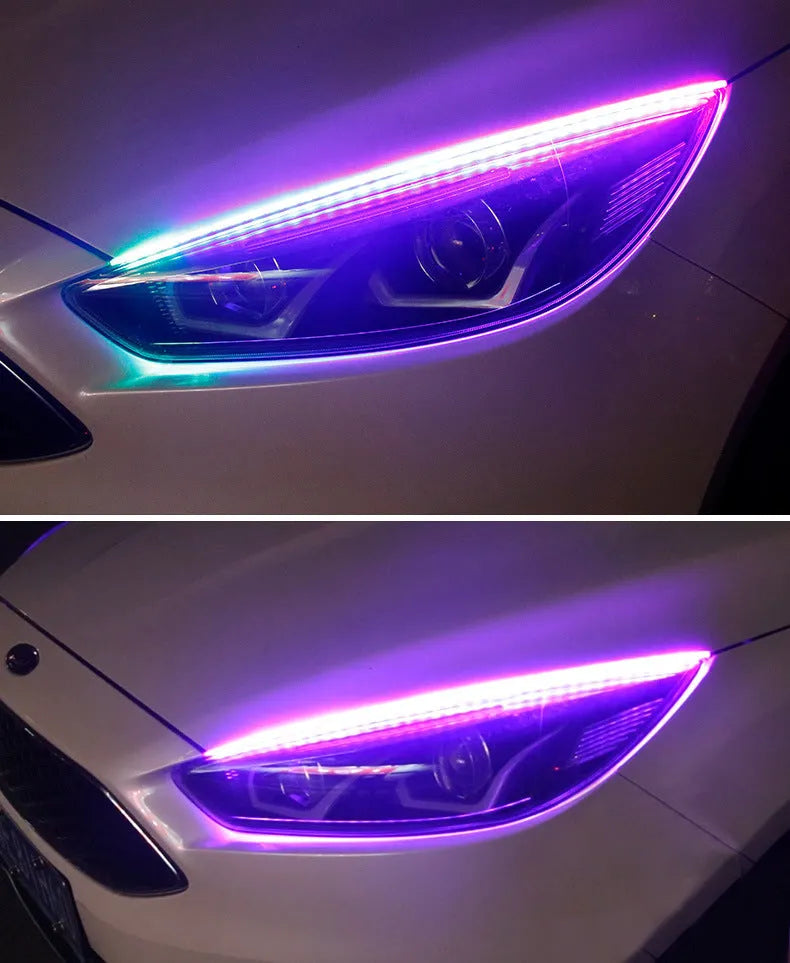 Universal LED headlight streamer with remote control showing RGB colourful lighting in 30cm, 45cm, and 60cm length options