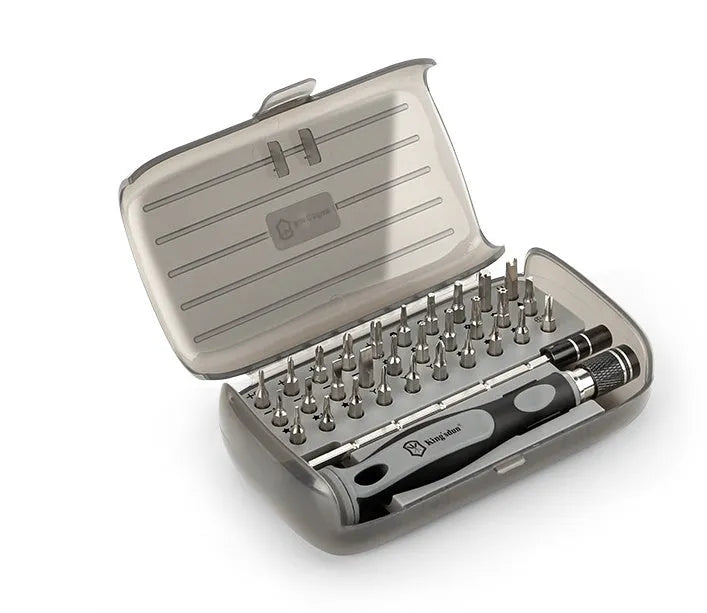 32 in 1 screwdriver set with 30 bits in a black plastic case, showing PH1 head and measuring 130mm long.