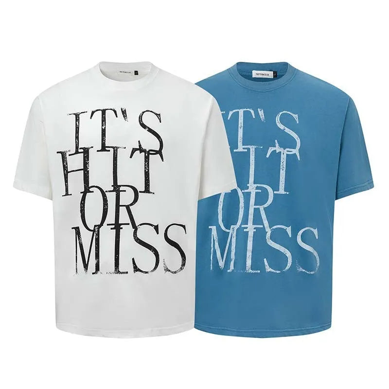 Men's American retro-style letter printed t-shirt in loose fit blue or white cotton blend fabric