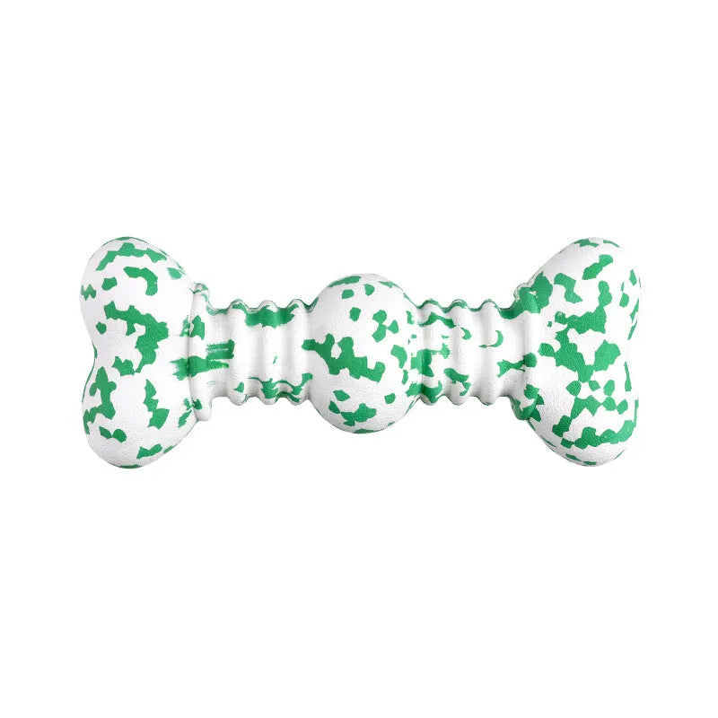 Natural rubber dog chew toy with camouflage pattern in green, white, and yellow colours