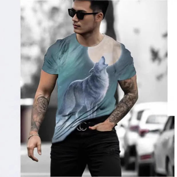 Retro 3D animal print design on a men's short-sleeved polyester t-shirt, shown in multiple colour options.