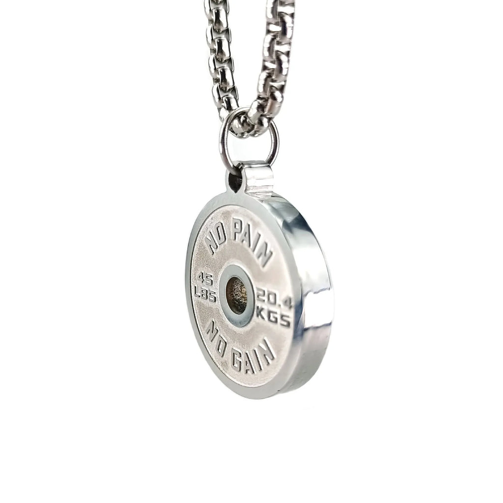 Stainless steel barbell disk necklace with geometric pendant and 60cm chain options