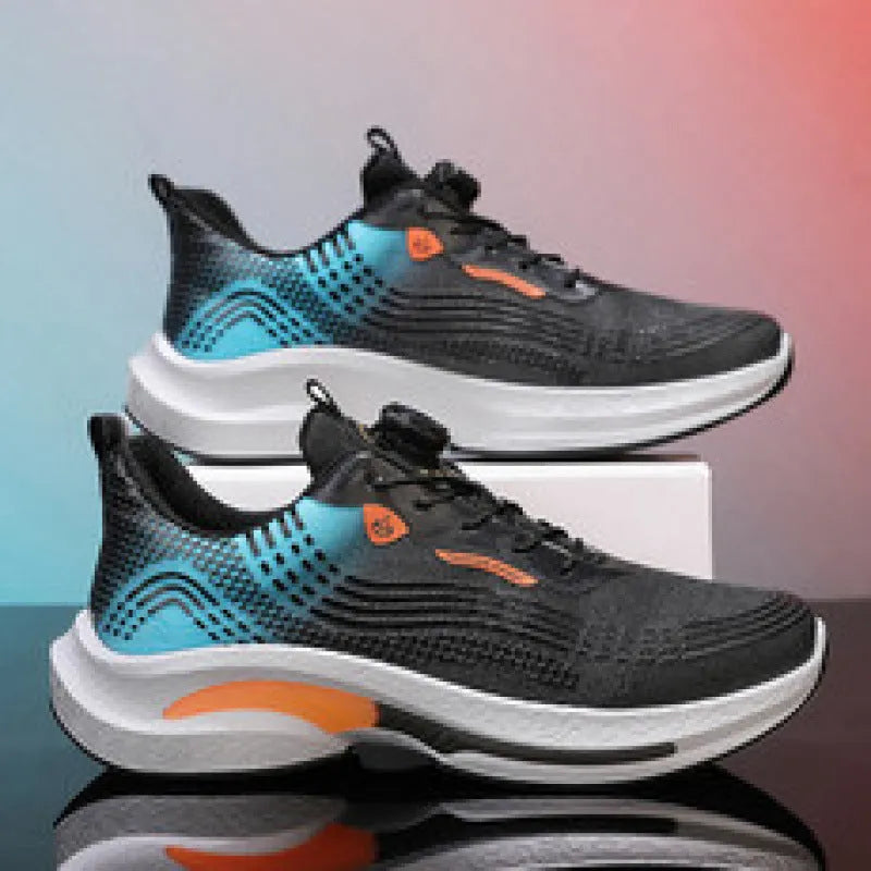 Men's low-top sneaker in black and blue colour with mesh lining and a rotating buckle closure.