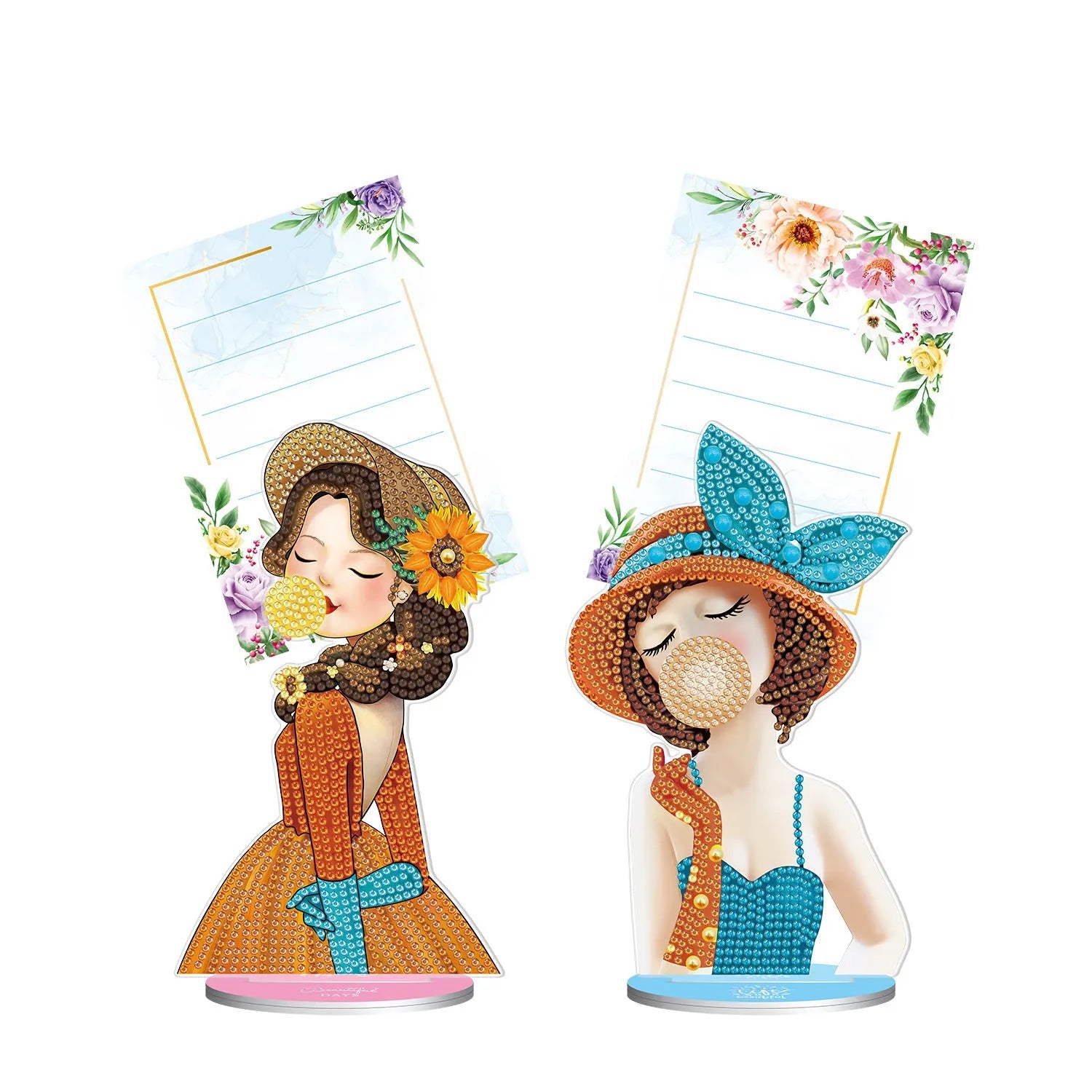 Diamond painting decorative note clip with frameless handmade American craft design on a desktop.
