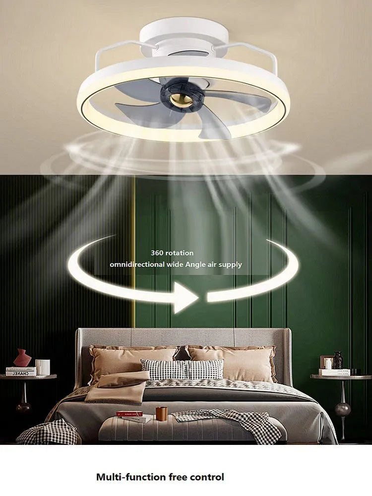 Modern ceiling fan with integrated light showing 500mm diameter PC blades and acrylic lampshade in neutral colour