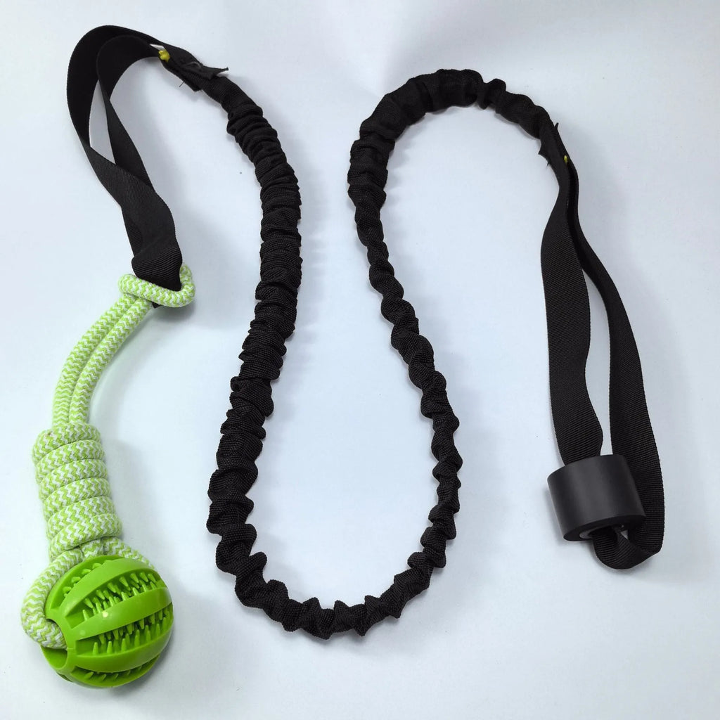 Cotton rope dog tug toy with colourful ball attachments for tug of war play