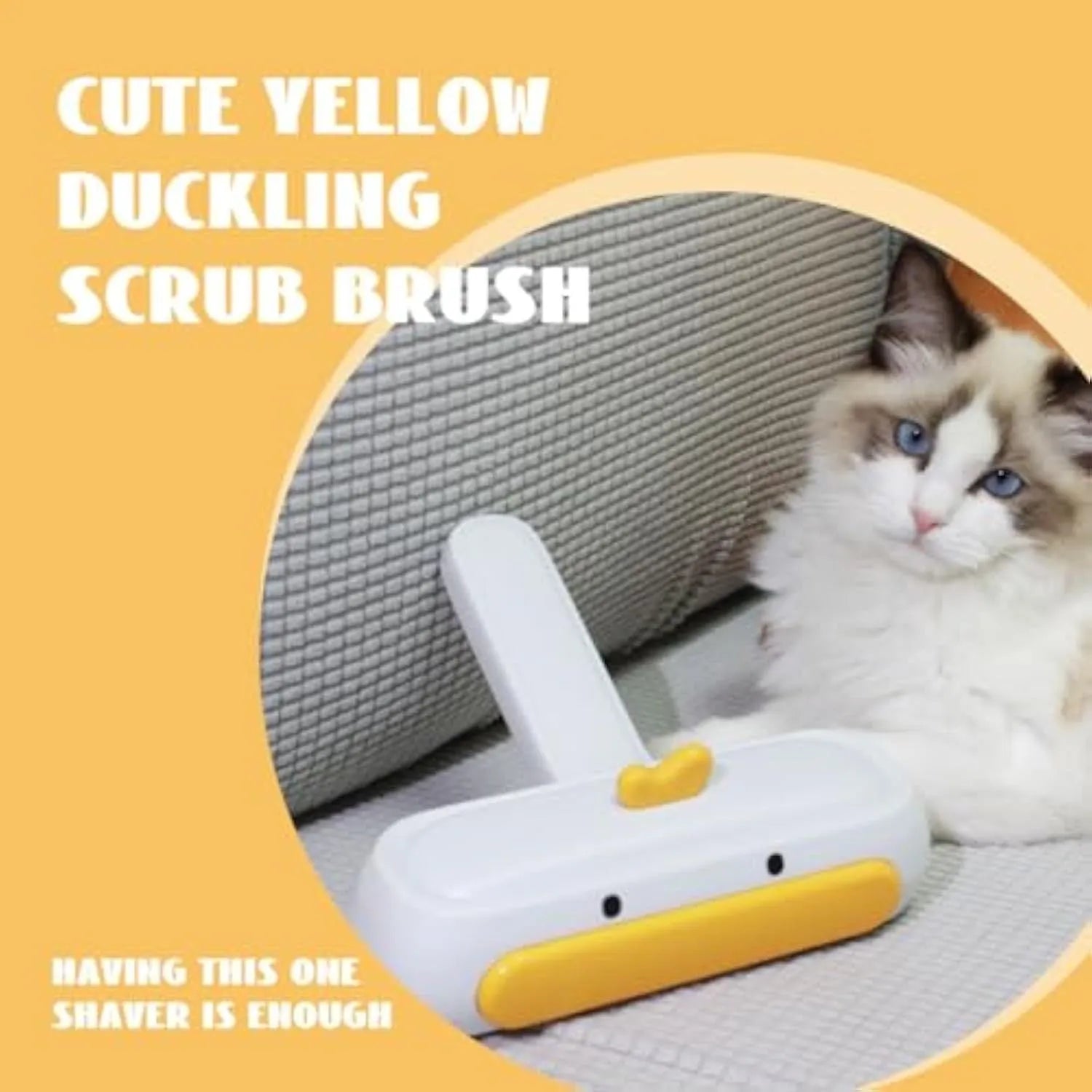 Yellow duck cartoon style portable reusable pet hair remover for furniture and car seats.