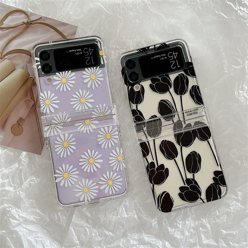 Flower patterned phone case for Samsung Galaxy Z Flip3 and Z Flip4 folding screen in daisy or tulip design
