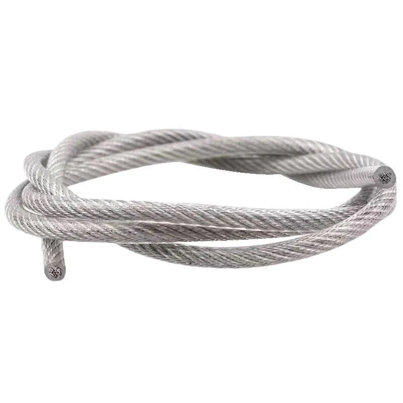 Coil of 304 stainless steel multi-strand security cable on a white background.