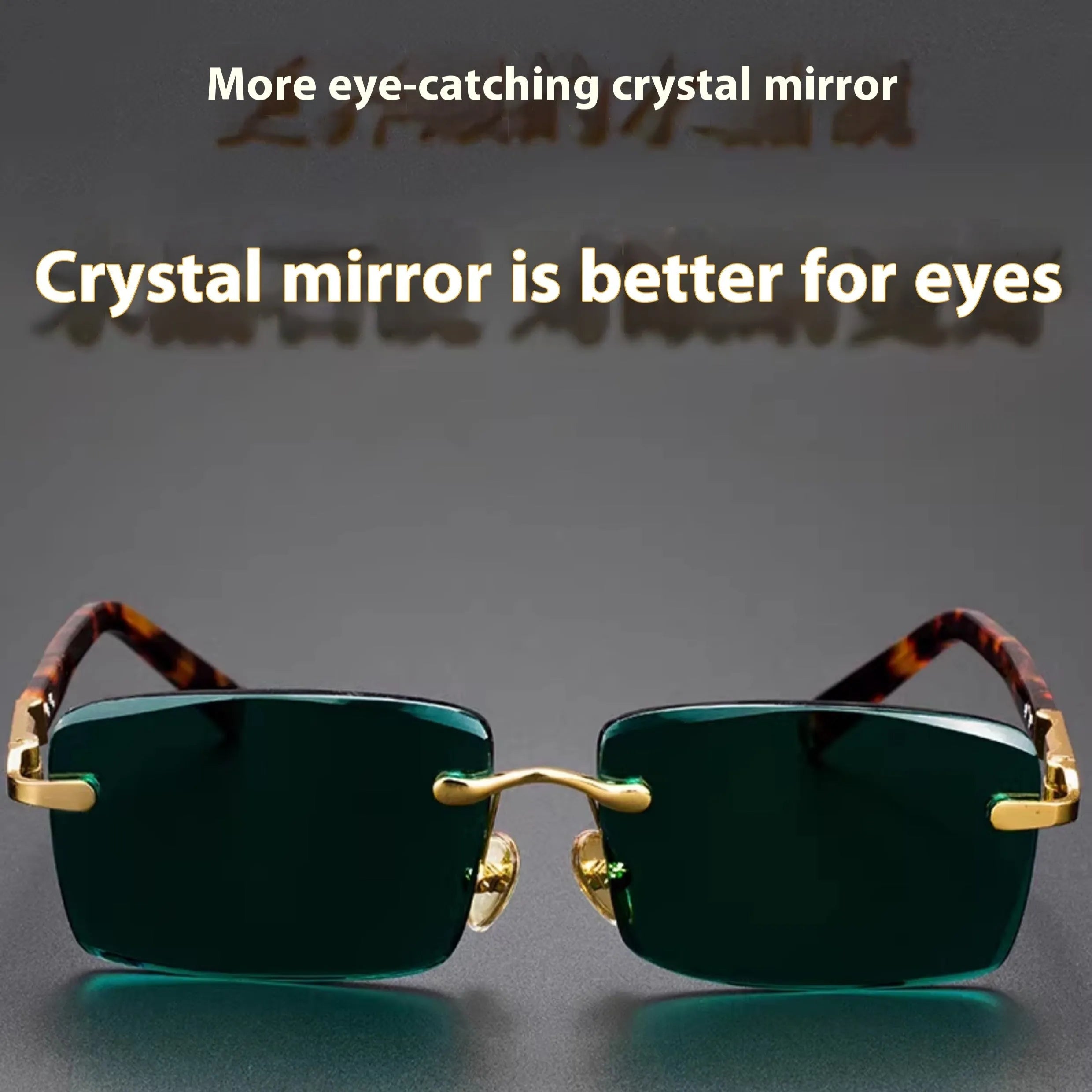 Frameless dark green crystal sunshade glasses with protective case and cleaning cloth