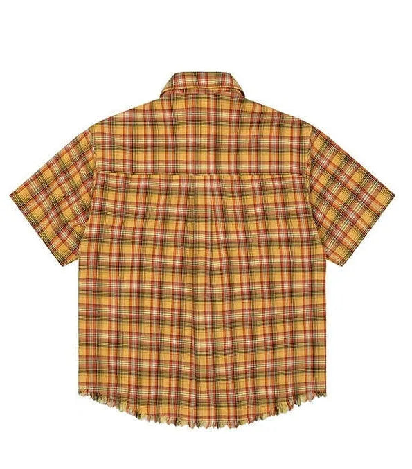Yellow grid plaid shirt with embroidery pocket detail on chest, short sleeves, loose fit casual styling