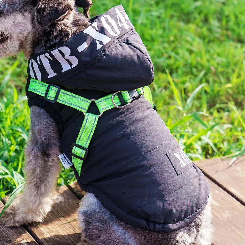 Red hooded dog winter jacket with fleece lining and waterproof polyester outer shell