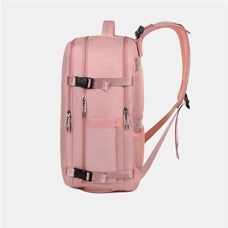 Large capacity travel backpack in purple with multiple compartments and air pillow belt system