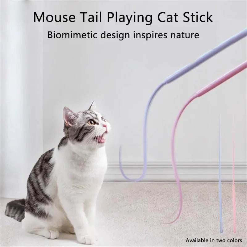 Blue cat teaser wand with silicone mouse tail and cat head design for interactive pet play