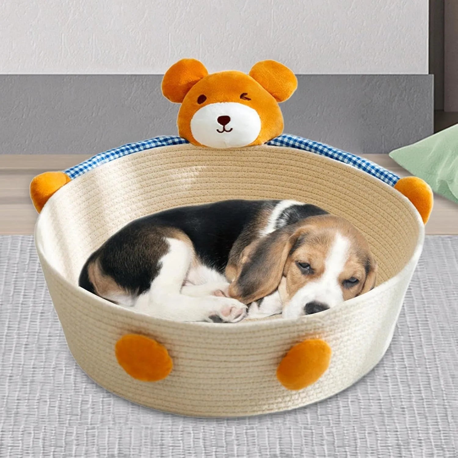 Woven cotton rope cat bed and scratching board in basket shape with bear design