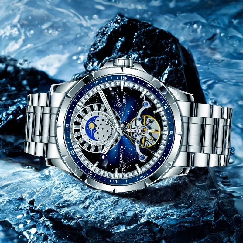 Men's silver automatic watch with blue dial and stainless steel strap