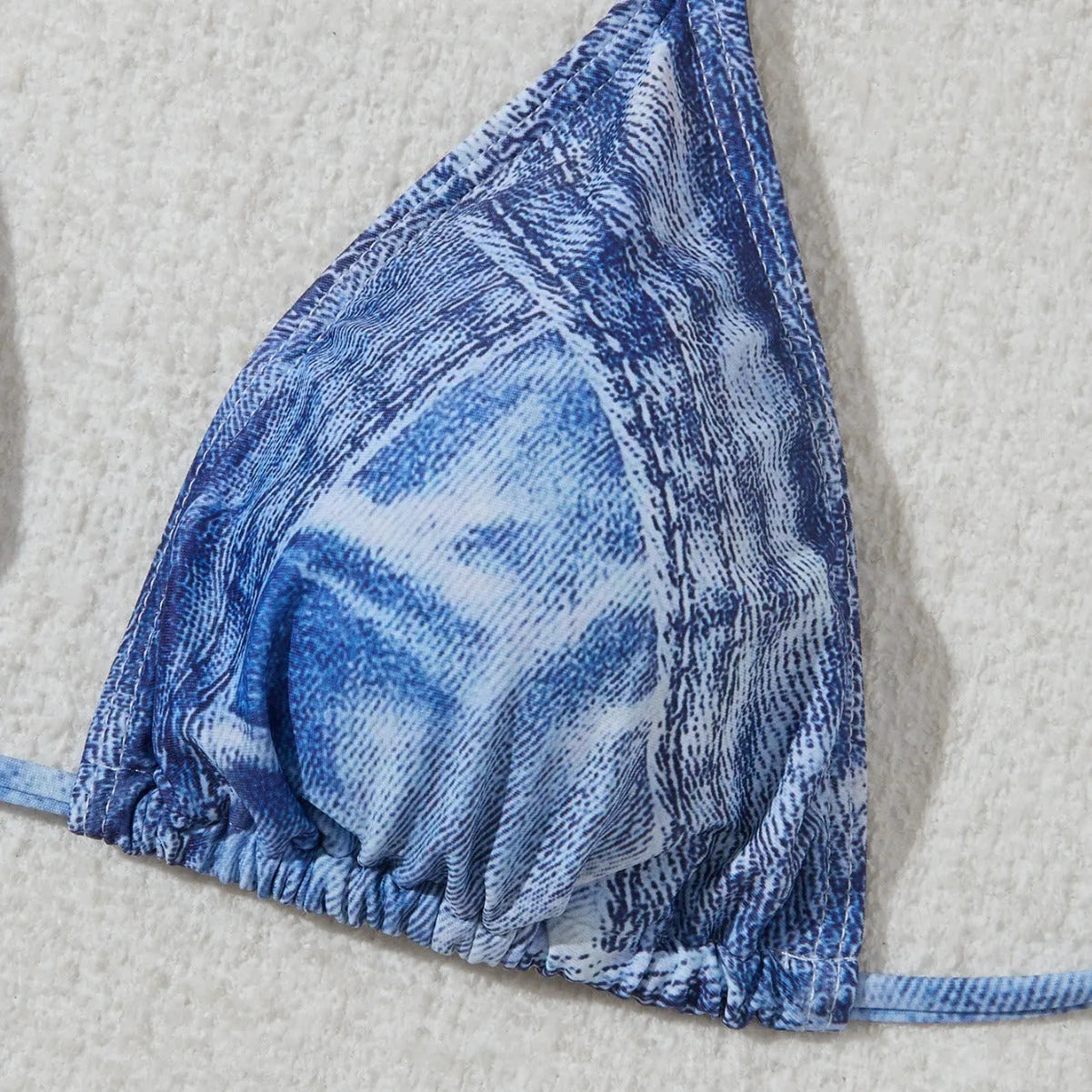Women's denim blue printed strap bikini set with ruffle detail design