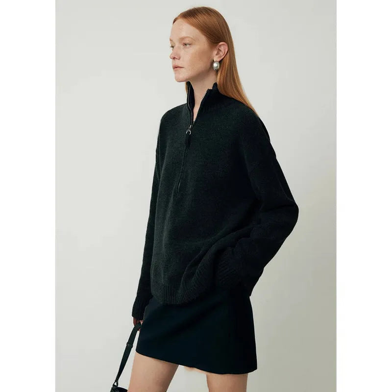 Women's loose lapels wool bandage dress in black, long sleeve pullover for autumn.