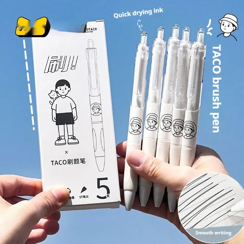 Five white Taco ballpoint pens with black 0.5mm tips arranged together