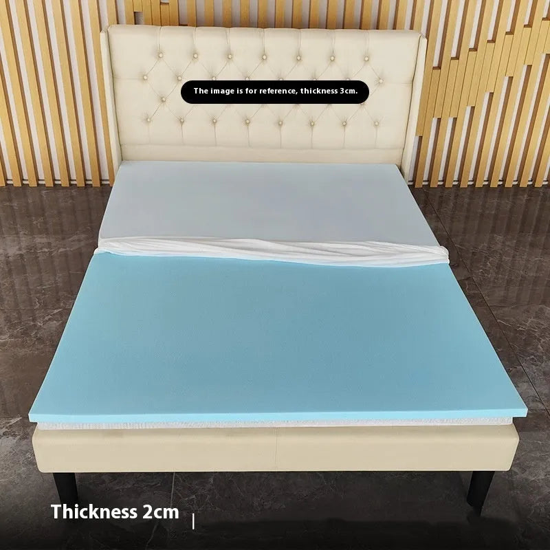 Thin gel memory cotton tatami mattress showing side profile with 2cm, 3cm, and 5cm thickness options on a bed frame.