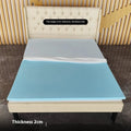 Thin gel memory cotton tatami mattress showing side profile with 2cm, 3cm, and 5cm thickness options on a bed frame.